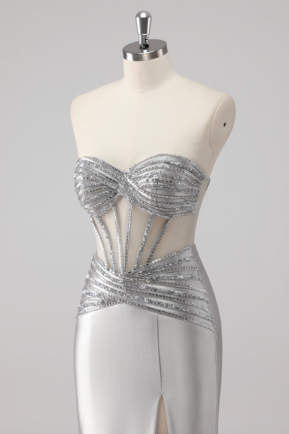 Grey Satin Strapless Long Beaded Mermaid Prom Dress with Slit