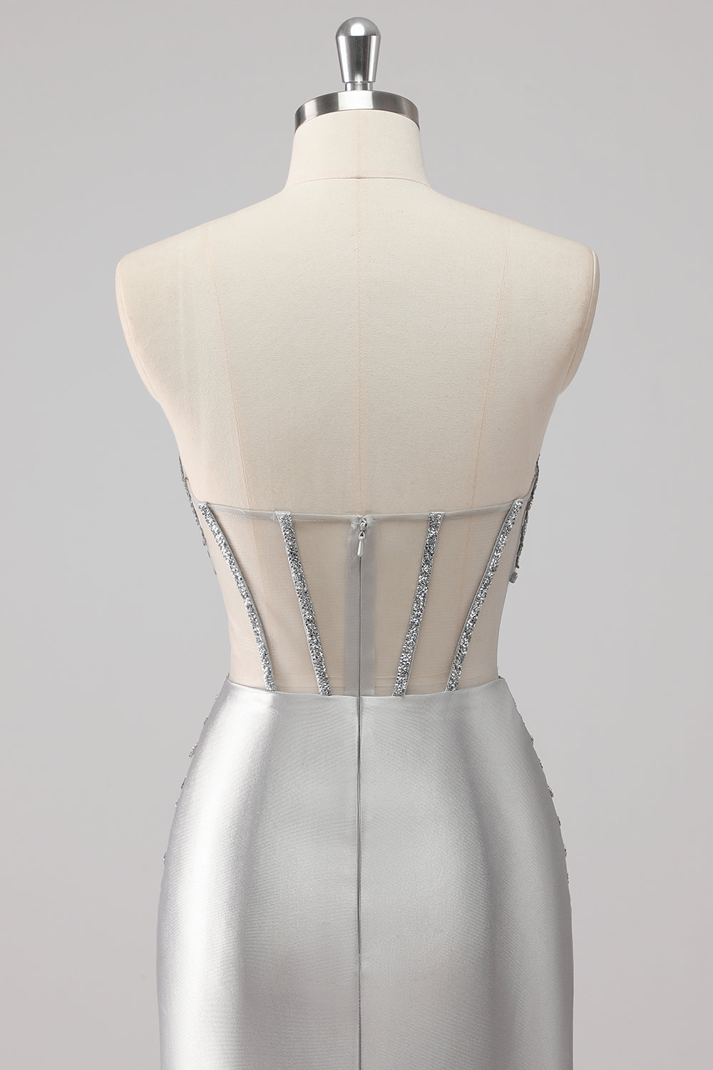 Grey Satin Strapless Long Beaded Mermaid Prom Dress with Slit