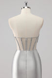 Grey Satin Strapless Long Beaded Mermaid Prom Dress with Slit