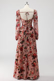Dusty Rose Floral Corset A Line Long Sleeves Formal Dress with Slit
