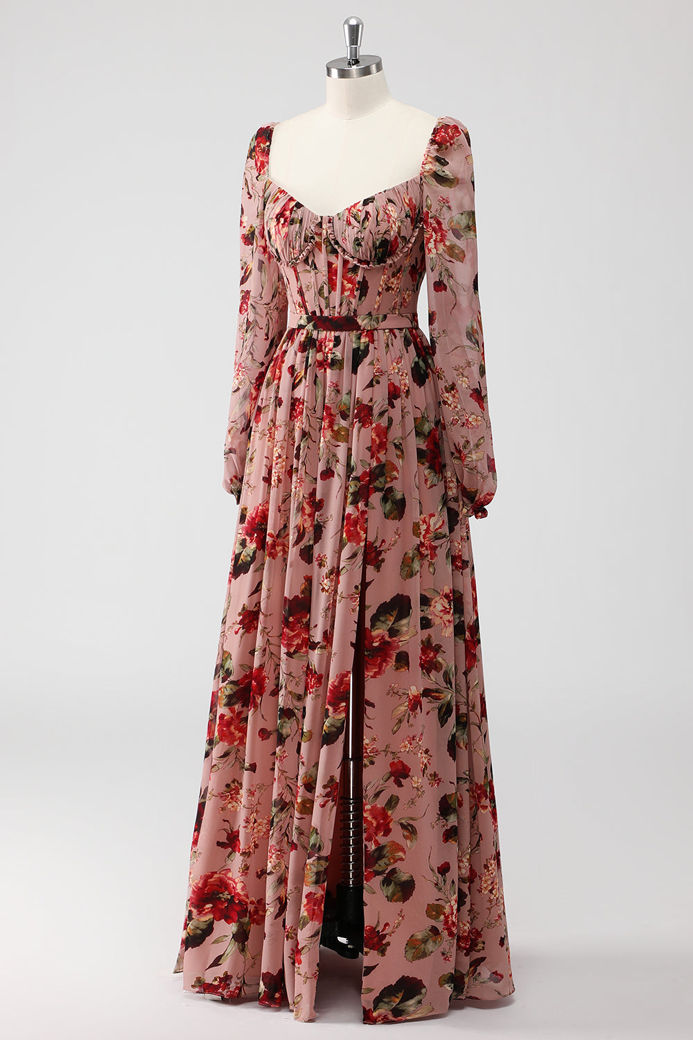 Dusty Rose Floral Corset A Line Long Sleeves Formal Dress with Slit