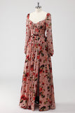 Dusty Rose Floral Corset A Line Long Sleeves Formal Dress with Slit