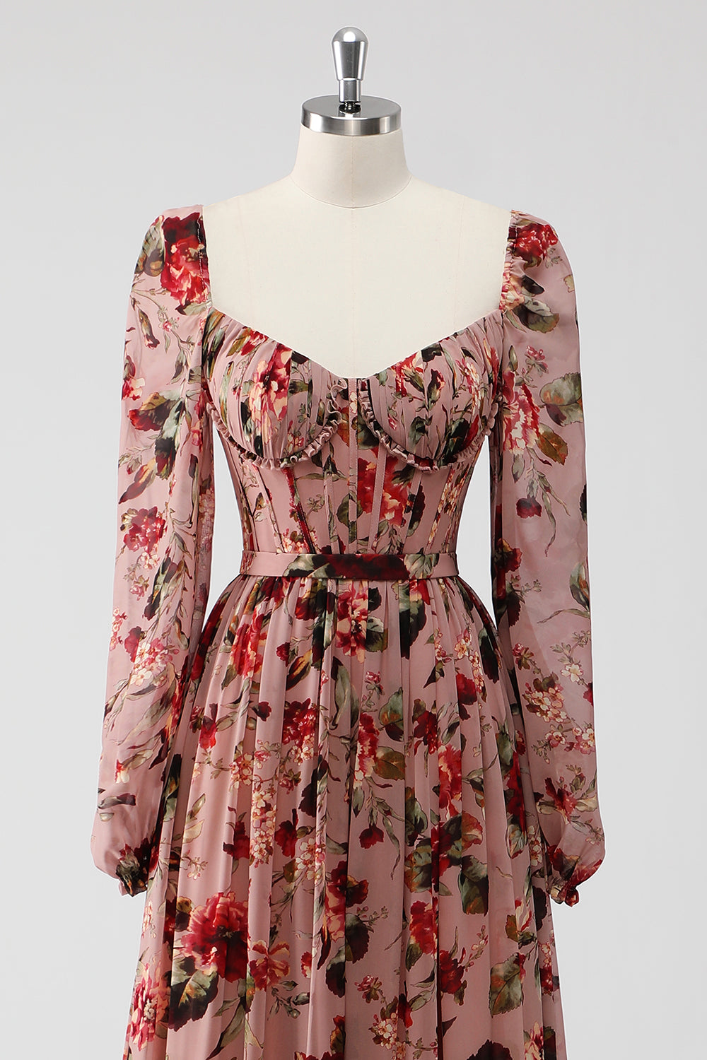 Dusty Rose Floral Corset A Line Long Sleeves Formal Dress with Slit