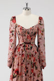 Dusty Rose Floral Corset A Line Long Sleeves Formal Dress with Slit