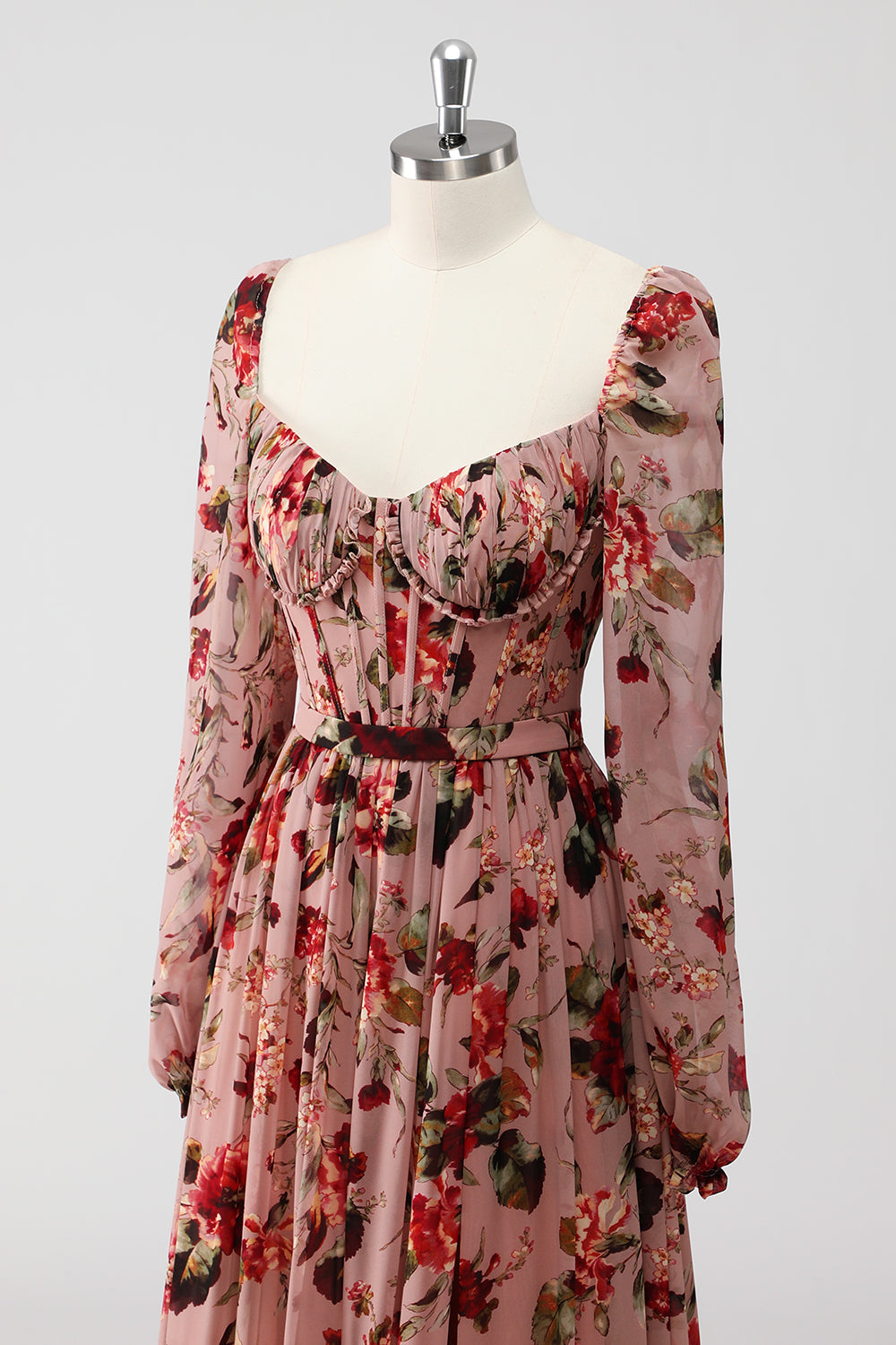 Dusty Rose Floral Corset A Line Long Sleeves Formal Dress with Slit
