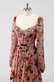 Dusty Rose Floral Corset A Line Long Sleeves Formal Dress with Slit