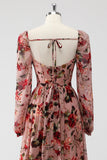 Dusty Rose Floral Corset A Line Long Sleeves Formal Dress with Slit