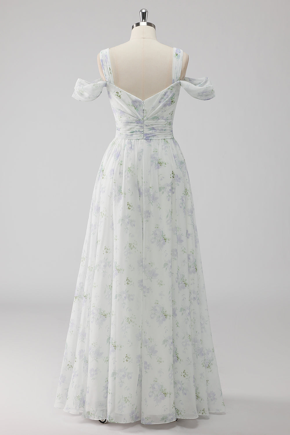 White Floral Cold Shoulder A Line Long Formal Dress with Slit