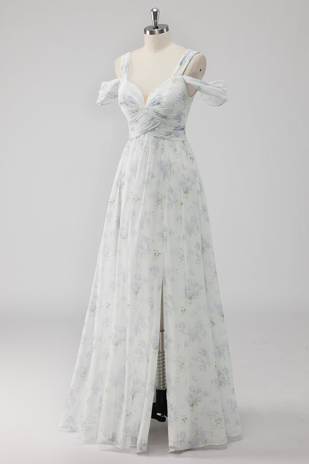 White Floral Cold Shoulder A Line Long Formal Dress with Slit