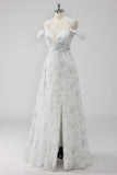 White Floral Cold Shoulder A Line Long Formal Dress with Slit