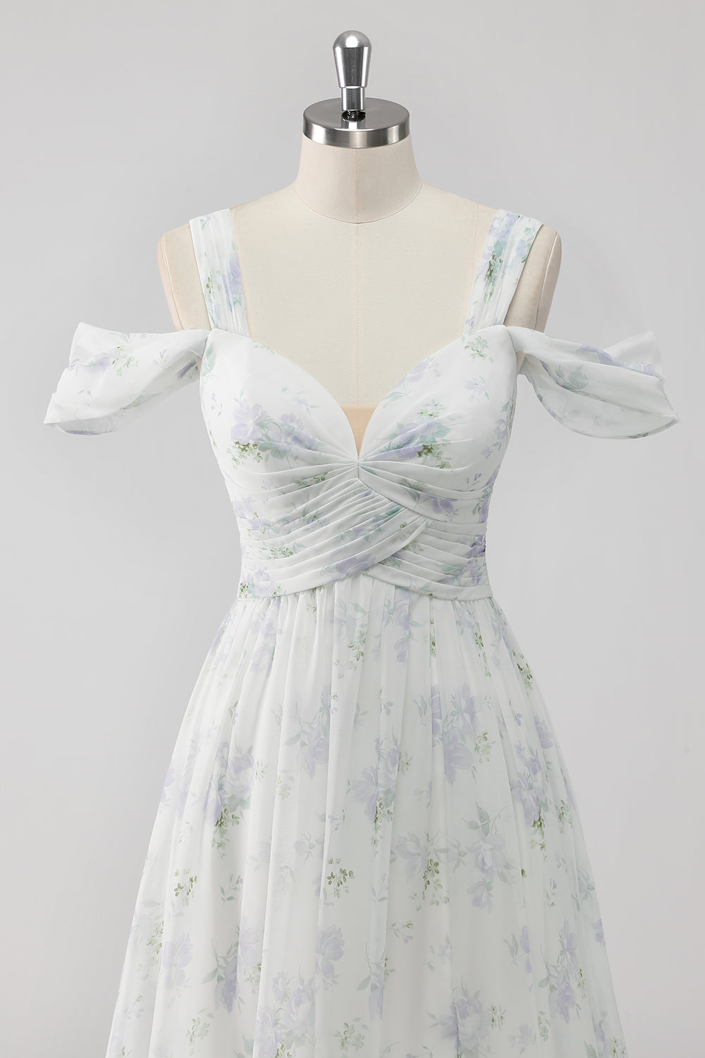 White Floral Cold Shoulder A Line Long Formal Dress with Slit