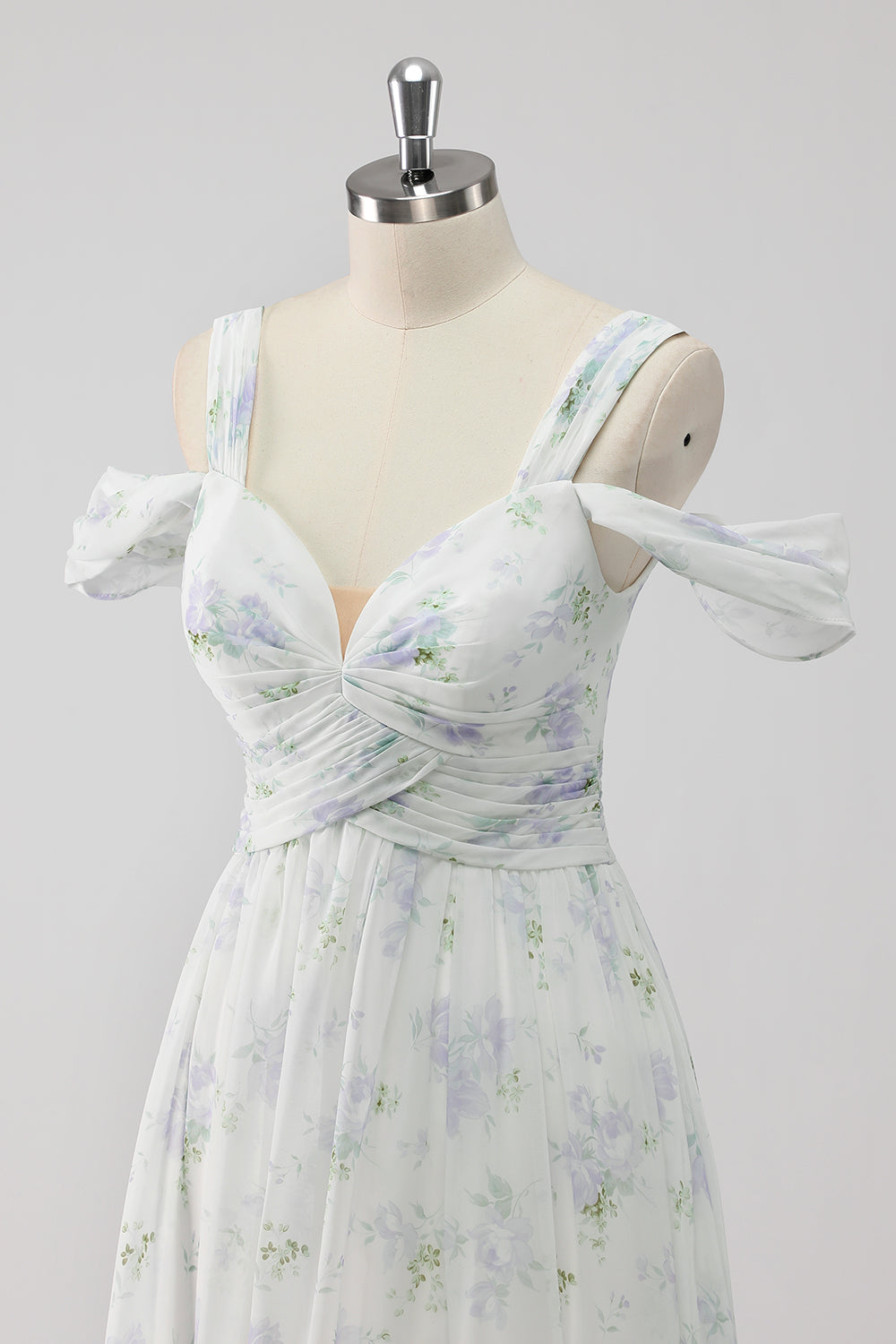 White Floral Cold Shoulder A Line Long Formal Dress with Slit