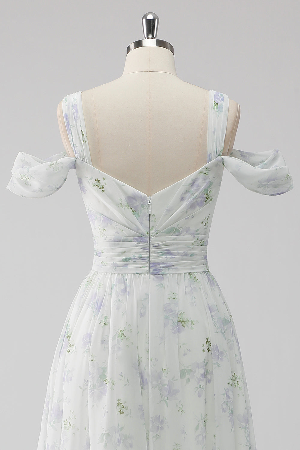 White Floral Cold Shoulder A Line Long Formal Dress with Slit