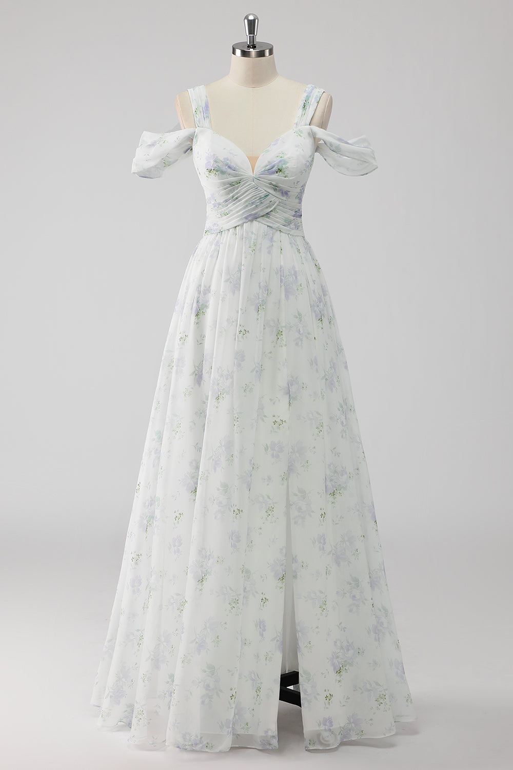 White Floral Cold Shoulder A Line Long Formal Dress with Slit