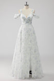 White Floral Cold Shoulder A Line Long Formal Dress with Slit