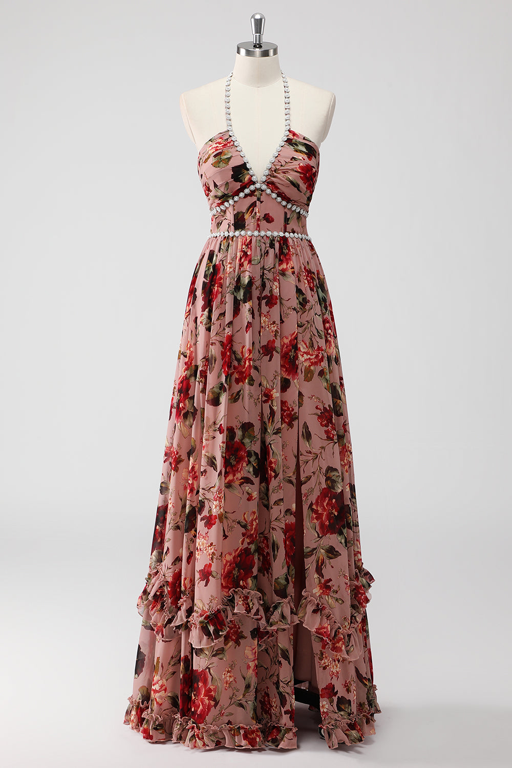 Dusty Rose Halter Floral A Line Long Formal Dress with Slit