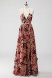 Dusty Rose Halter Floral A Line Long Formal Dress with Slit