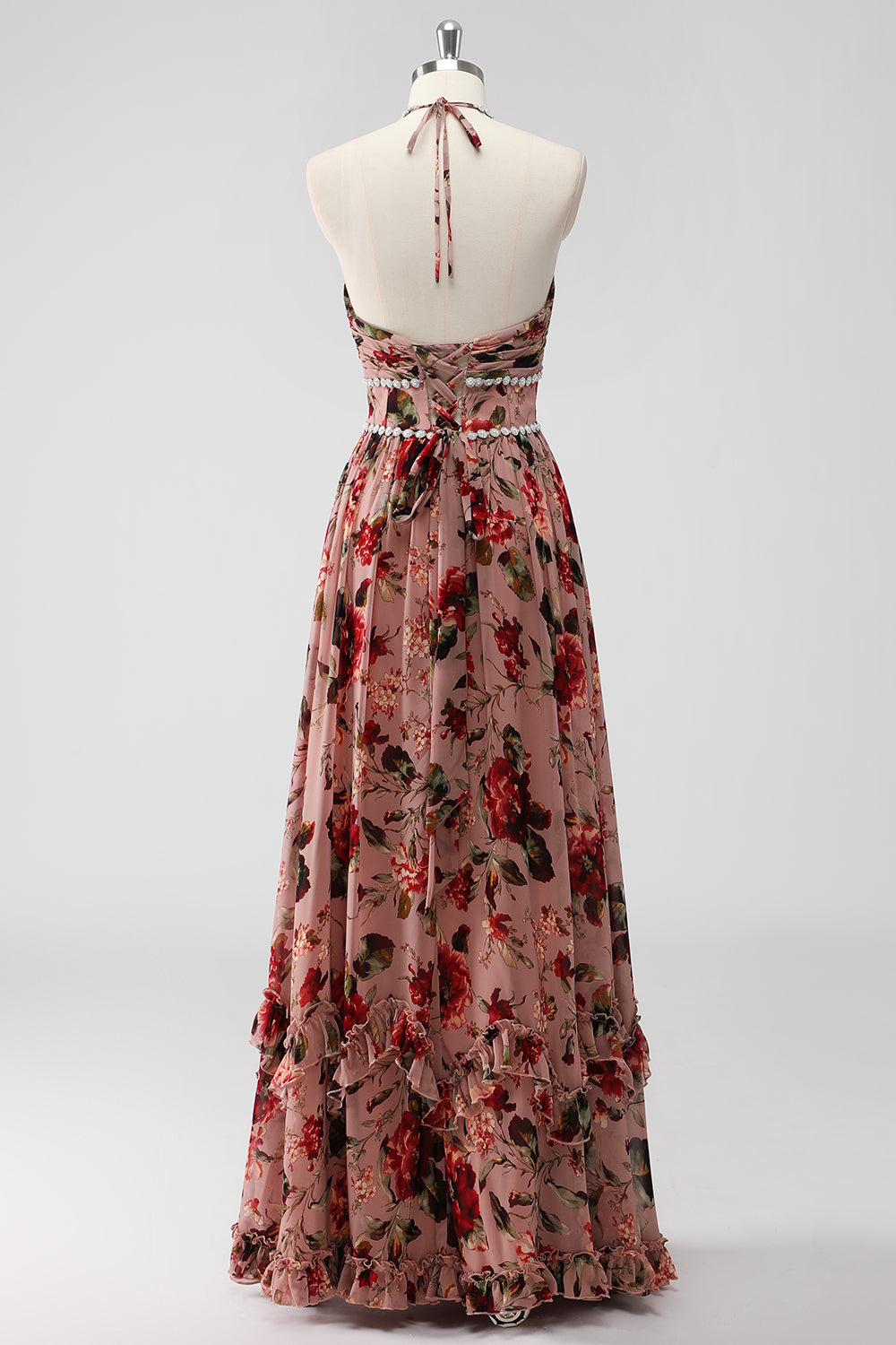 Dusty Rose Halter Floral A Line Long Formal Dress with Slit