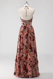 Dusty Rose Halter Floral A Line Long Formal Dress with Slit