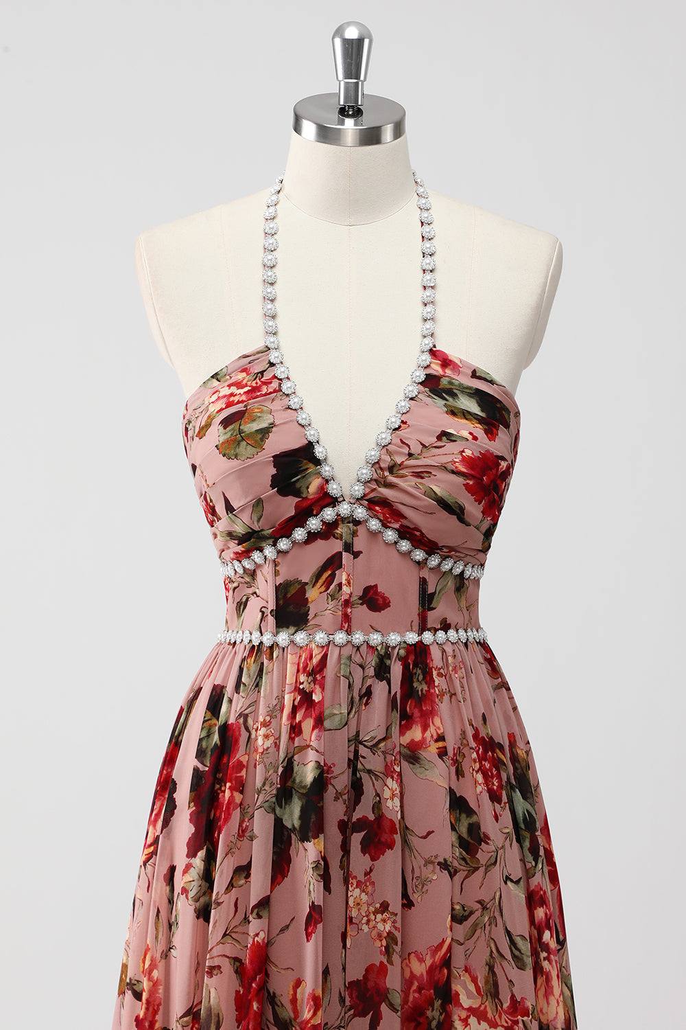 Dusty Rose Halter Floral A Line Long Formal Dress with Slit