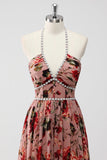 Dusty Rose Halter Floral A Line Long Formal Dress with Slit