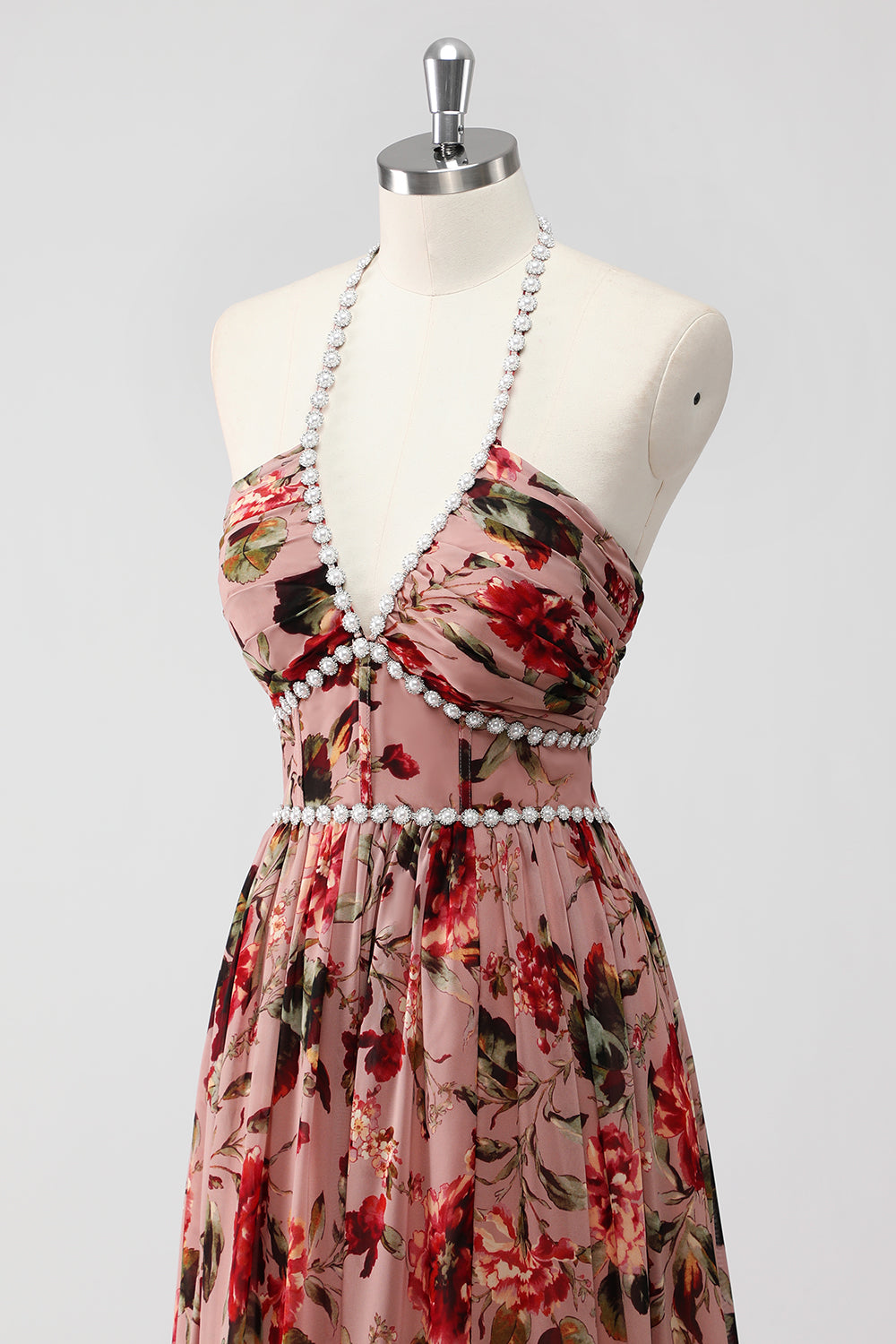 Dusty Rose Halter Floral A Line Long Formal Dress with Slit