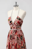 Dusty Rose Halter Floral A Line Long Formal Dress with Slit