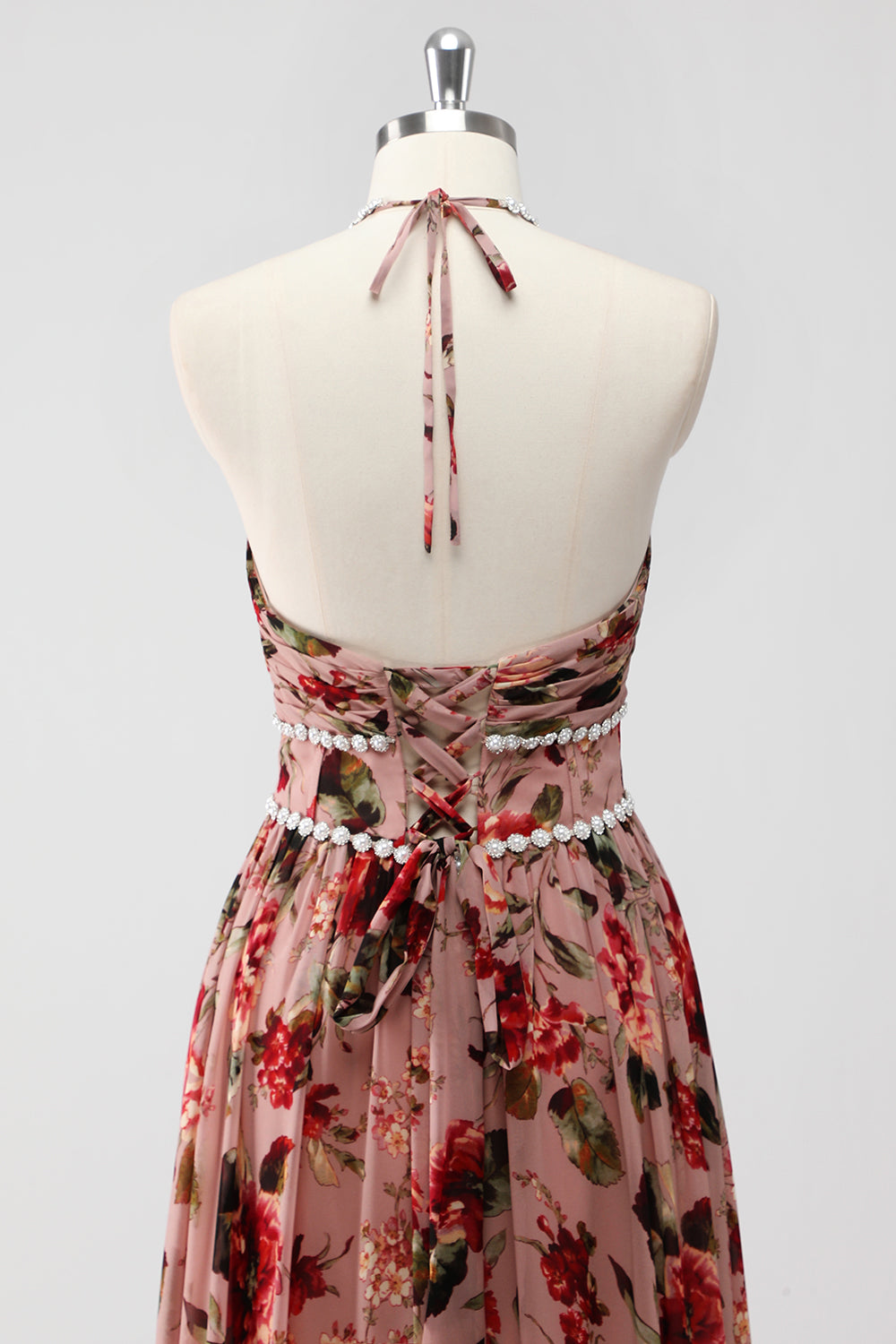 Dusty Rose Halter Floral A Line Long Formal Dress with Slit