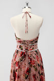 Dusty Rose Halter Floral A Line Long Formal Dress with Slit