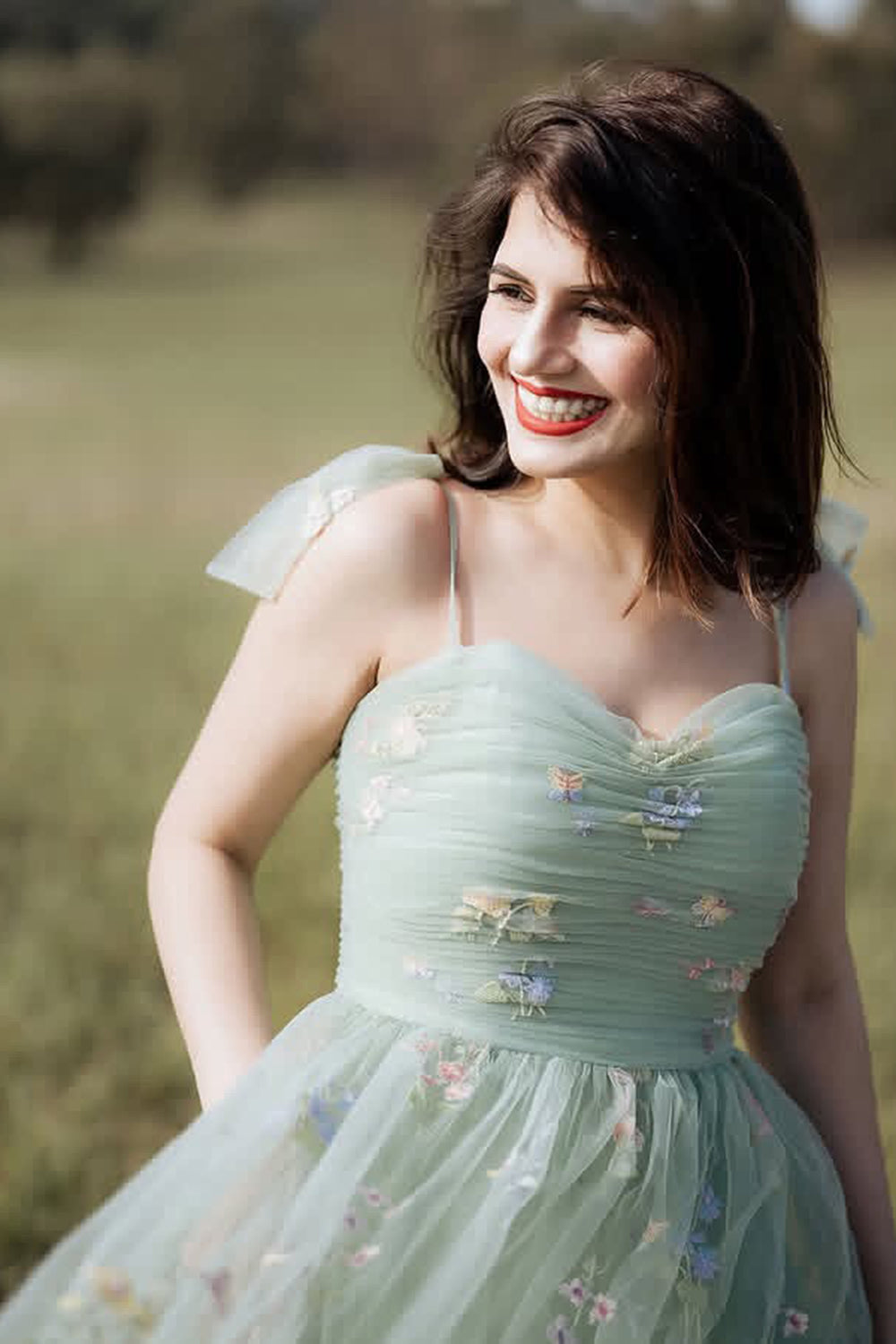 Green Tulle A-Line Spaghetti Straps Ruched Long Formal Dress with Embroidery