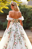 Floral Tulle Ball Gown White Sweep Train Wedding Dress