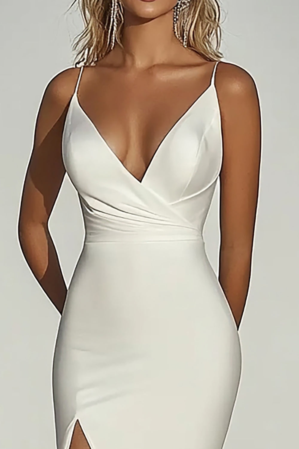 Elegant Ivory Off the Shoulder Satin Mermaid Ruched Long Wedding Dress with Slit