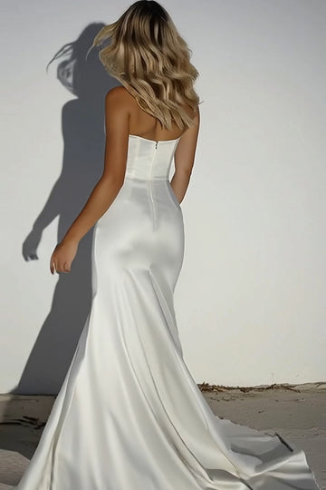 Elegant Ivory Satin Sweetheart Sheath Beaded Long Wedding Dress with Slit
