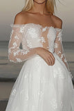 Romantic Ivory A Line Tulle Long Sleeve Wedding Dress with Lace Appliques