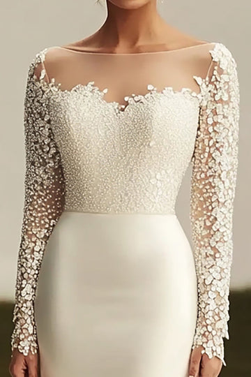 Ivory Sheath Satin Long Sleeve Lace Wedding Dress with Train