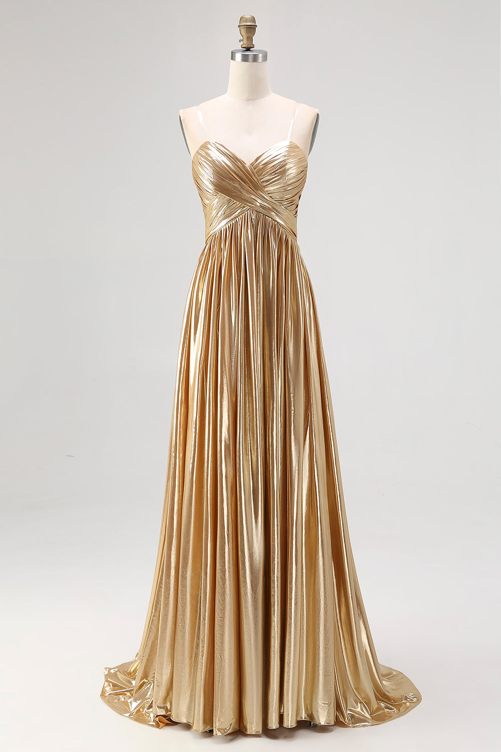 Chic Gold A Line  Deep-V  Satin Pleated Long Formal Dress