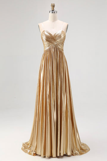 Gold A Line Sweetheart Metallic Pleated Long Formal Dress