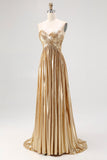 Chic Gold A Line  Deep-V  Satin Pleated Long Formal Dress
