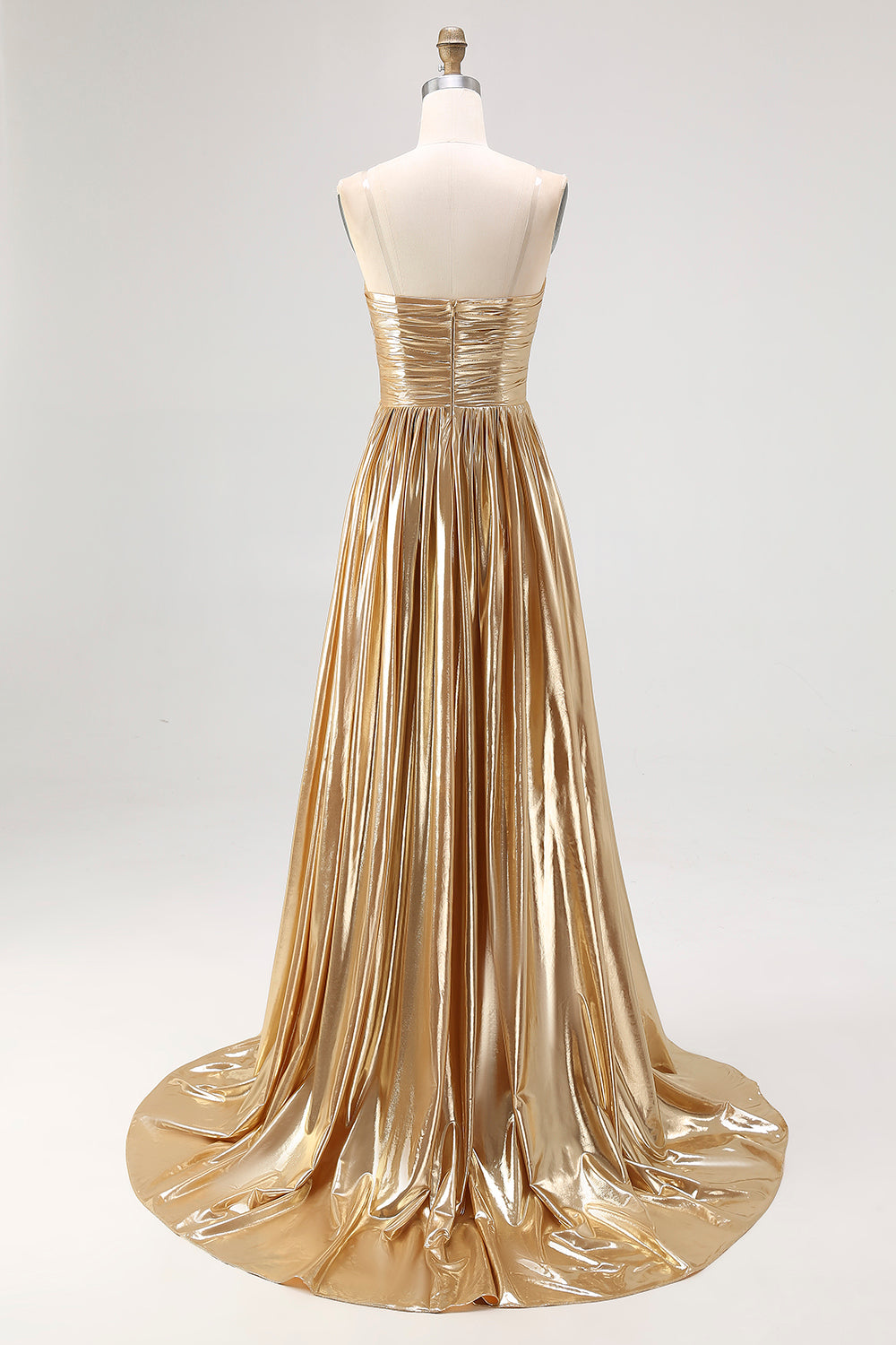 Chic Gold A Line  Deep-V  Satin Pleated Long Formal Dress