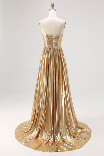 Gold A Line Sweetheart Metallic Pleated Long Formal Dress