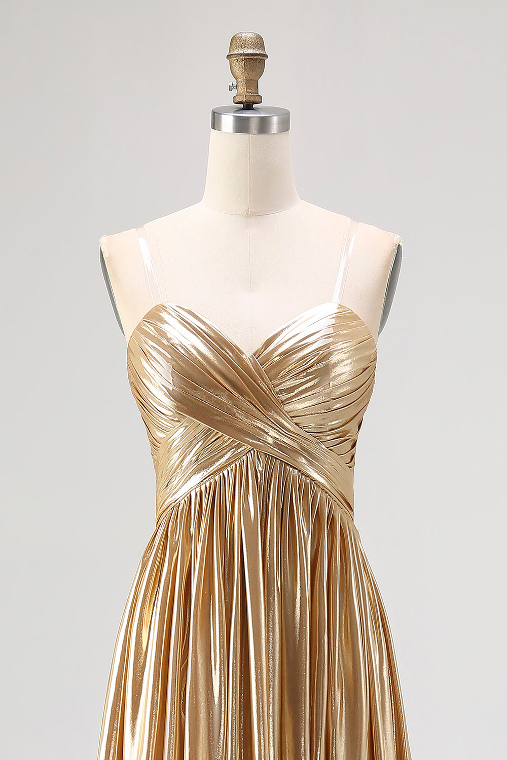 Chic Gold A Line  Deep-V  Satin Pleated Long Formal Dress