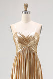 Chic Gold A Line  Deep-V  Satin Pleated Long Formal Dress