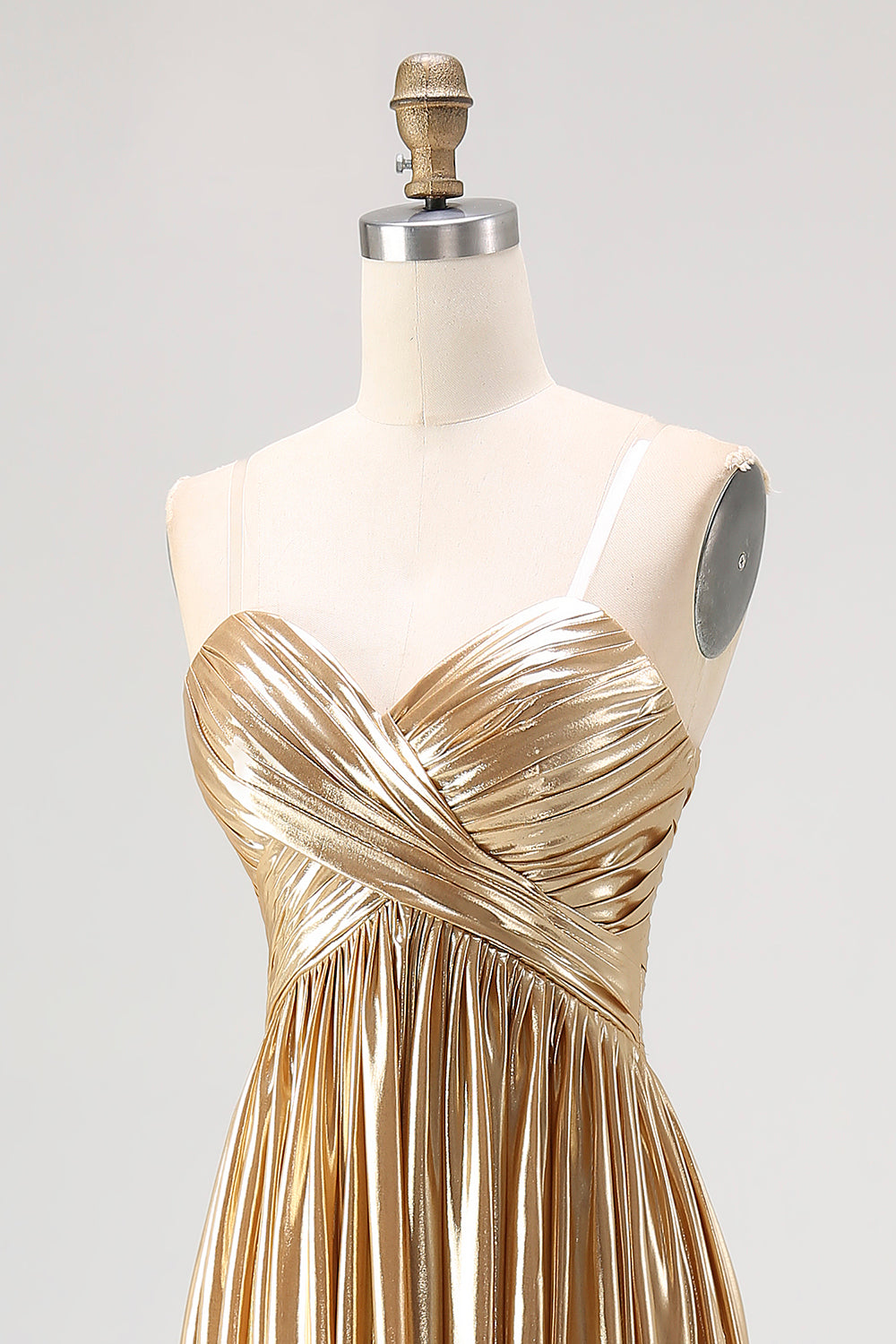 Chic Gold A Line  Deep-V  Satin Pleated Long Formal Dress