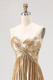 Chic Gold A Line  Deep-V  Satin Pleated Long Formal Dress