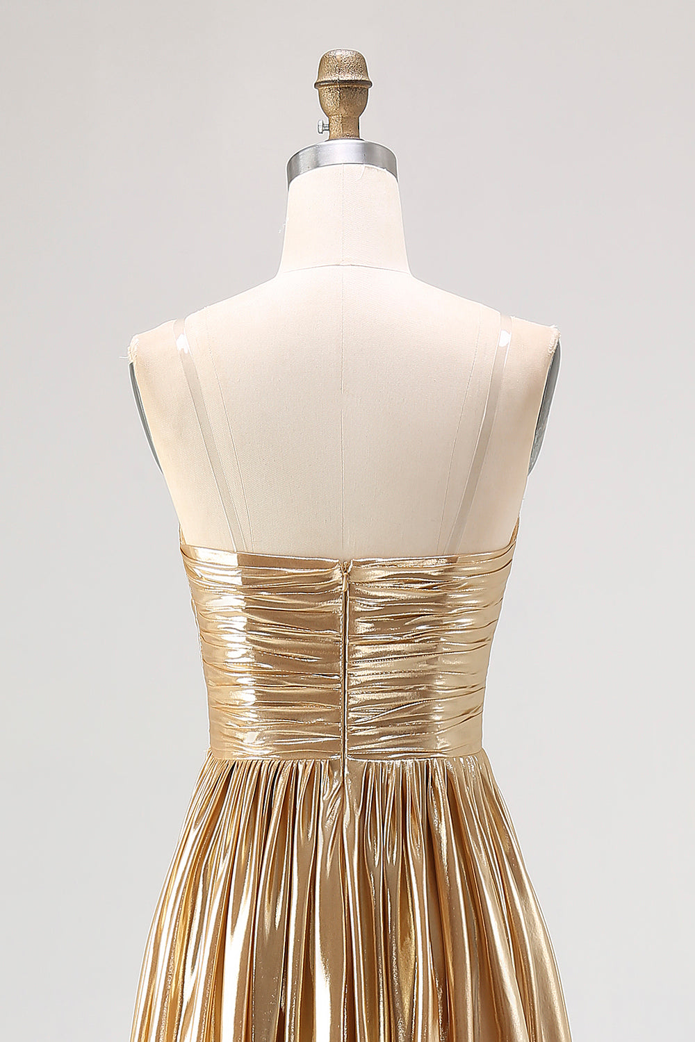 Chic Gold A Line  Deep-V  Satin Pleated Long Formal Dress
