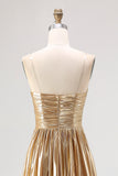 Chic Gold A Line  Deep-V  Satin Pleated Long Formal Dress