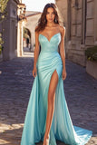 ZAPAKA Women Sparkly Blue Satin Long Formal Dress with Slit Beaded Ruched Sweetheart Mermaid Prom Dress