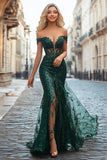 Chic Dark Green Off the Shoulder Mermaid Sequin Long Formal Dress with Embroidery