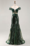 Chic Dark Green Off the Shoulder Mermaid Sequin Long Formal Dress with Embroidery