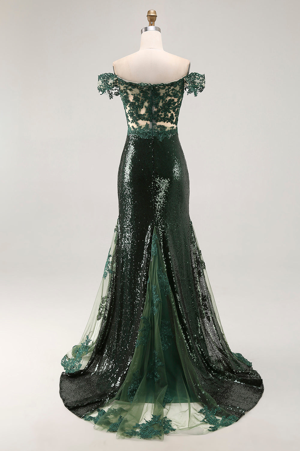 Chic Dark Green Off the Shoulder Mermaid Sequin Long Formal Dress with Embroidery